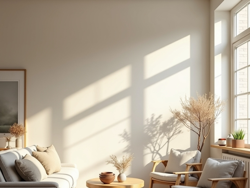 Modern cozy living room interior with sunlight, wooden furniture