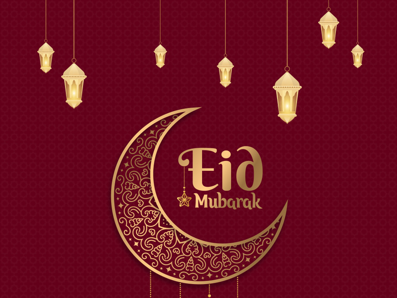 Realistic 3d eid mubarak moon and lantern greeting Premium Vector