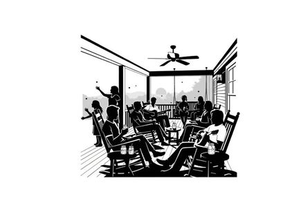 Silhouette of people sitting in rocking chairs on a porch