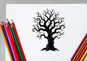 Black silhouette of a leafless tree with twisting branches