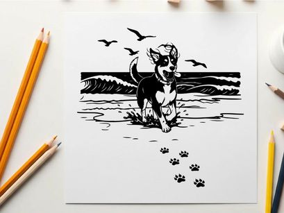 Dog silhouette playing on beach with seagulls flying overhead