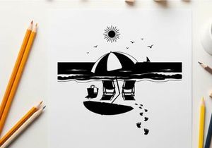 Beach scene with umbrella and chairs in silhouette