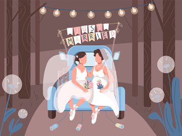 Just married lesbian couple in car flat color vector illustration preview picture