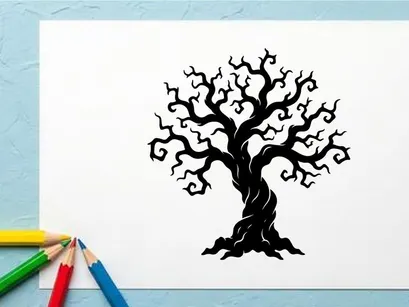 Silhouette of a leafless, twisted tree with gnarled branches