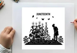 Juneteenth silhouette of woman gardening with butterflies and plants