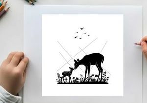 Deer silhouette of mother and fawn in wildflowers with birds