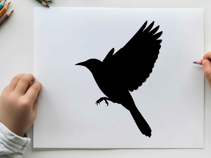 Silhouette of a bird in mid flight with wings spread wide