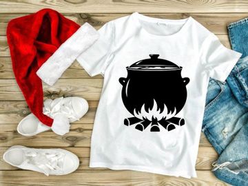 Black cauldron boiling over campfire minimalist vector icon preview picture