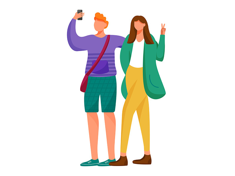 Boy and girl taking phone selfie flat vector illustration