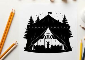 Silhouette of a person in a tent with a cross silhouette