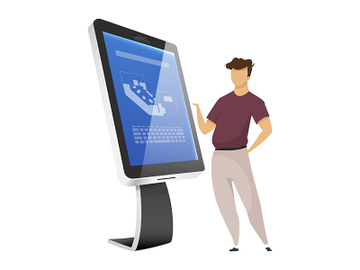 Man near interactive information kiosk flat color vector faceless character preview picture