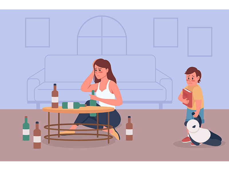 Alcoholism in family flat color vector illustration