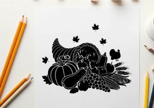 Silhouette of cornucopia with fruits and leaves