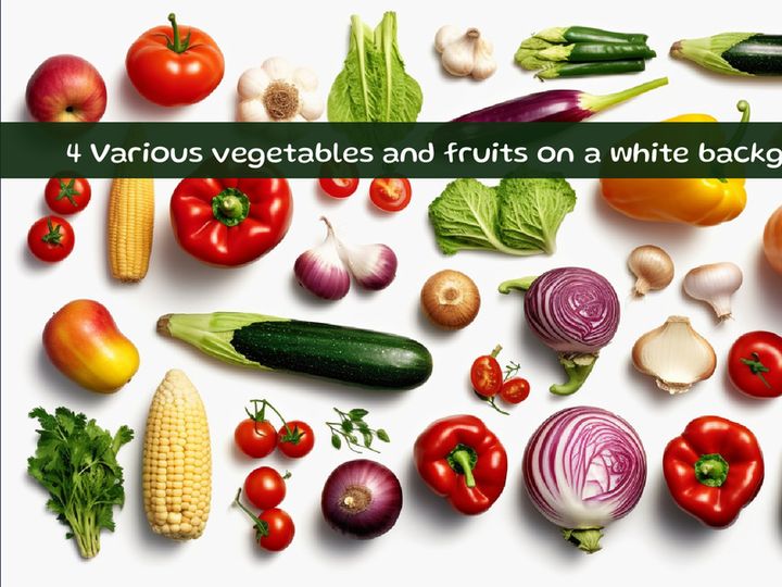 Various vegetables and fruits on a white background