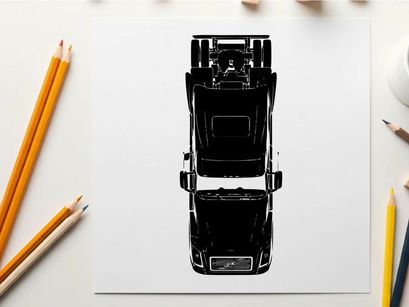 Silhouette of a semi truck from above in black and white