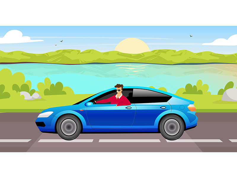 Young man driving sedan flat color vector illustration