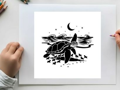 Silhouette of a sea turtle swimming under a crescent moon