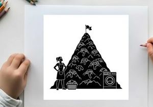 Silhouette of a woman standing beside a gigantic pile of laundry
