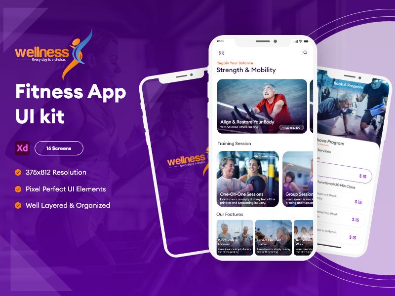 Wellness Fitness app - Adobe XD Mobile UI Kit