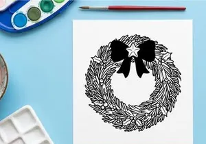 Handgezeichneter Weihnachtskranz mit roter Schleife und Stern, isoliert auf weißem Hintergrund