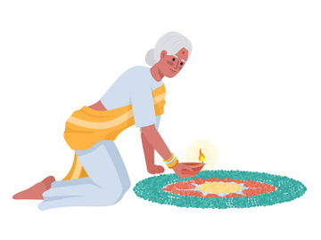 Senior woman with mandala and diya semi flat color vector character preview picture