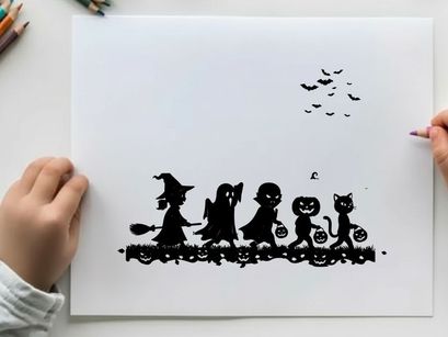 Halloween silhouette of children in costume walking together outside