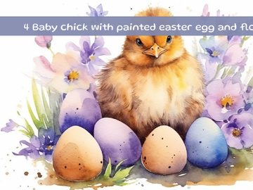 Baby chick with painted easter egg and flowers preview picture