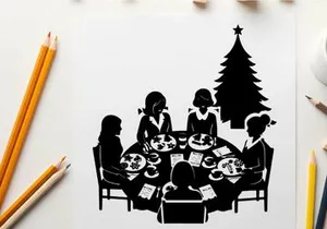 Family christmas dinner in silhouette with tree