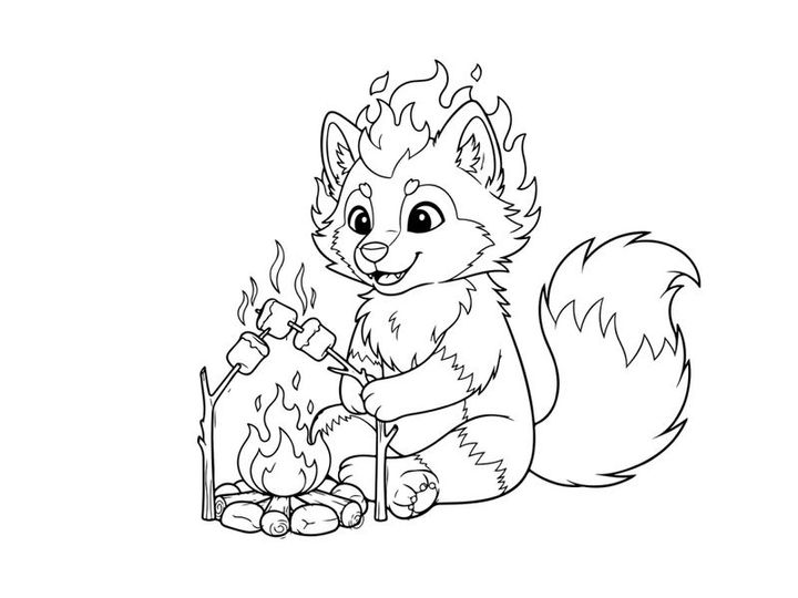 Cute cartoon cat roasting marshmallows campfire vector illustration