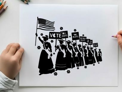 Silhouette of women suffrage movement protesters marching for equality silhouette