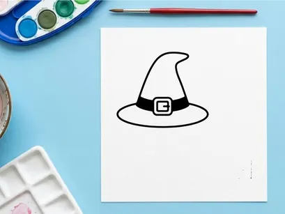Ikon topi penyihir minimalis untuk desain Halloween. Ilustrasi vektor topi penyihir sederhana hitam putih.
