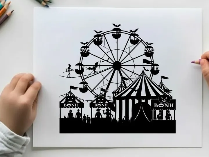 Silhouette of a classic carnival with a ferris wheel and striped tent