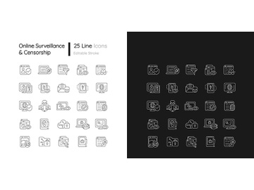 Online surveillance and censorship linear icons set for dark and light mode preview picture