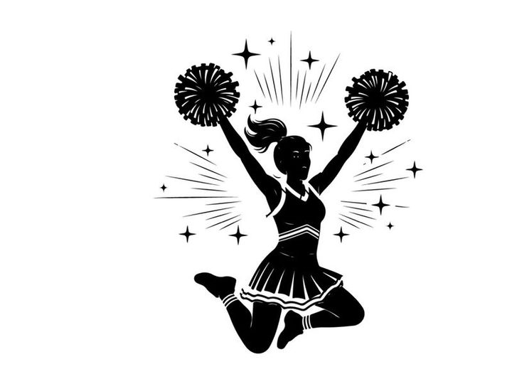 Cheerleader silhouette with pompoms and sparkles