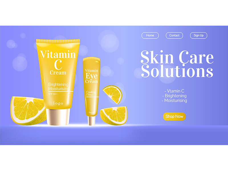 Skin care solutions realistic vector landing page template