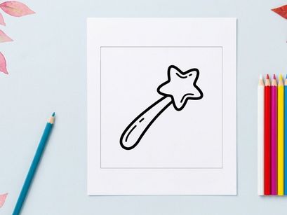 Von Hand gezeichneter Halloween-Sternstab für magisches Spiel. Cartoon-stiliges, leuchtendes Stern-Objekt für Kostüme von Kindern und Partydekoration.