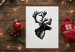 Reindeer head illustration, vintage style stag portrait for Christmas design projects.