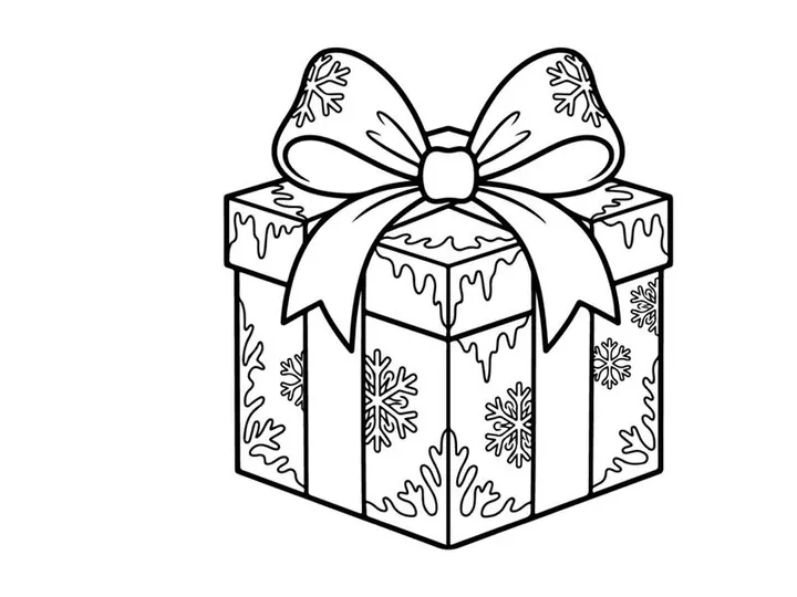 Christmas gift box with snowflake pattern and large bow, black and white line art drawing.