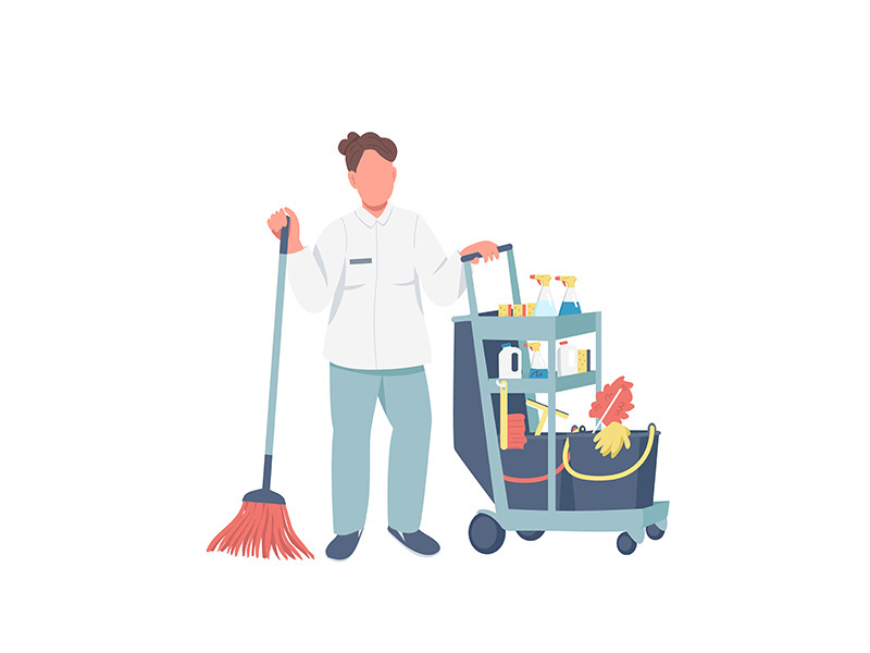 Cleaner with janitorial supplies flat color vector faceless character