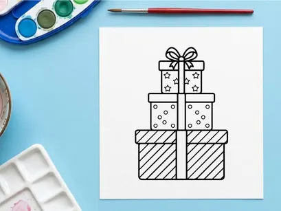 Stack of Christmas gift boxes with ribbons and patterns in a simple line art style