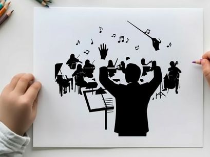 Silhouette of a conductor leading an orchestra with music notes