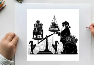 Santa claus weighs hearts in a silhouette scene
