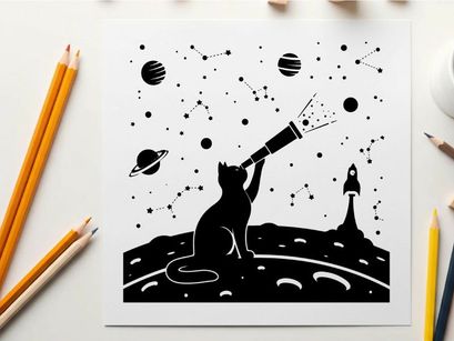 Silhouette of cat exploring space with telescope on moon