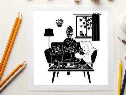 Silhouette of a woman relaxing on a couch with her cat