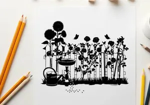 Silhouette of garden scene with flowers and birdbath silhouette