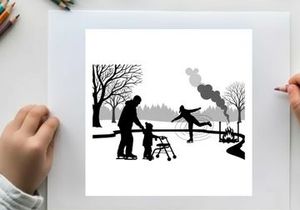 Silhouette of a man and child ice skating in a winter landscape
