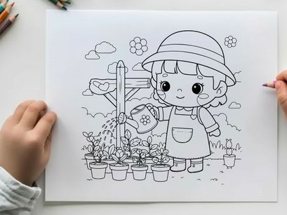 Cute girl watering plants in garden vector illustration