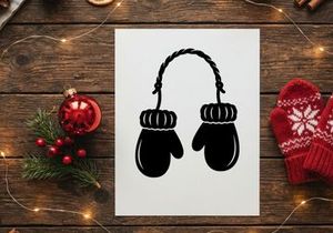 Black silhouette of winter mittens connected by a string on a white background