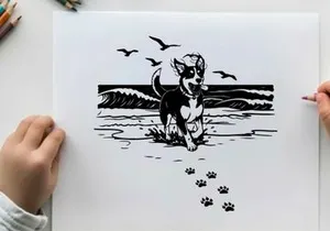 Dog silhouette playing on beach with seagulls flying overhead