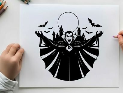 Vampire silhouette with bats and castle in moonlight